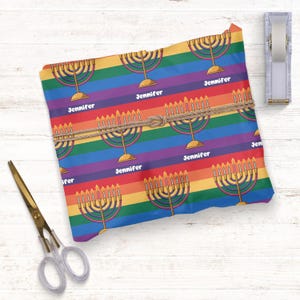 Elegant Pride Hanukkah Gift Wrap, Festive Rainbow Wrapping Paper with Menorahs, Personalized Gay Wrap, Perfect for Hanukkah Presents