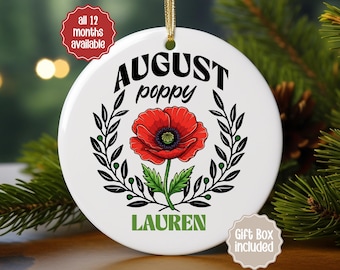 August Birth Flower Ornament, Personalized Poppy Gift, Custom Name Birthday Keepsake, Birth Month Floral Ornament 00BdayC001O