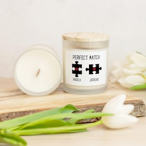 Personalized Perfect Match Candle Frosted Glass with Wooden Wick, Puzzle Pieces Valentine Candle Gift, Custom Present Anniversary Birthday