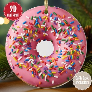 Sprinkle Donut Ornament, 2D Flat Print Ceramic, Cute Bakery Decor, Food Lover Holiday Keepsake, White Elephant Gift 00FoodC032O
