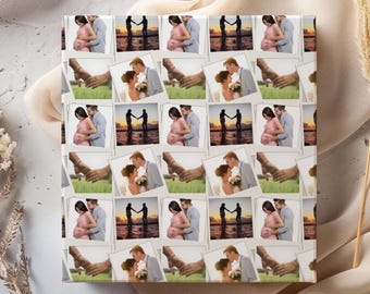 May include: Square gift wrap featuring a collage of romantic photographs. The images depict couples in various stages of their relationship, including a pregnant woman and a couple holding hands. The color palette includes soft pinks, grays, and warm tones.