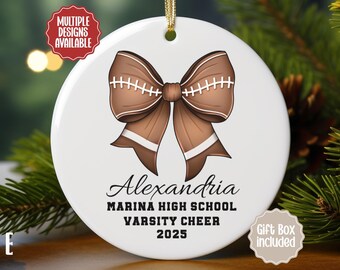 Football Cheer Ornament, Personalized Name and Year, High School Team Gift, Sports Bow Christmas Keepsake for Cheerleaders 00SPRTC001O