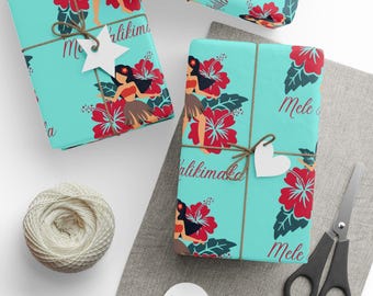 Mele Kalikimaka Wrapping Paper, Islander Merry Christmas with Hula Girl Design, Tropical Hawaiian Gift Wrap for Xmas Presents 12XmasC026