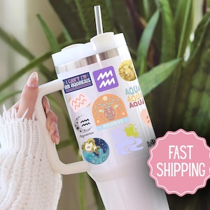 Aquarius 40 oz Tumbler, Custom Astrology Travel Mug, 20 oz Horoscope Sign Gift, Personalized Zodiac Cup, Star Sign Stamp Style Travel Cup