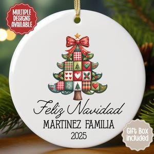 Feliz Navidad Christmas Tree Ornament, Patchwork Holiday Keepsake, Personalized Year 12XmasC035O