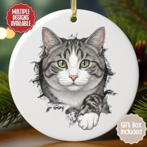 Realistic Gray Tabby Cat Ornament, Custom Pet Ornament, Gray and White Cat Lover Gift, Kitty Keepsake 00PETC007O