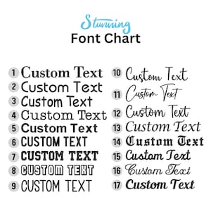 May include: A chart showing 17 different font styles for customizing text. The chart is labeled "Stunning Font Chart". Each font style is numbered 1 through 17 and includes the text "Custom Text".