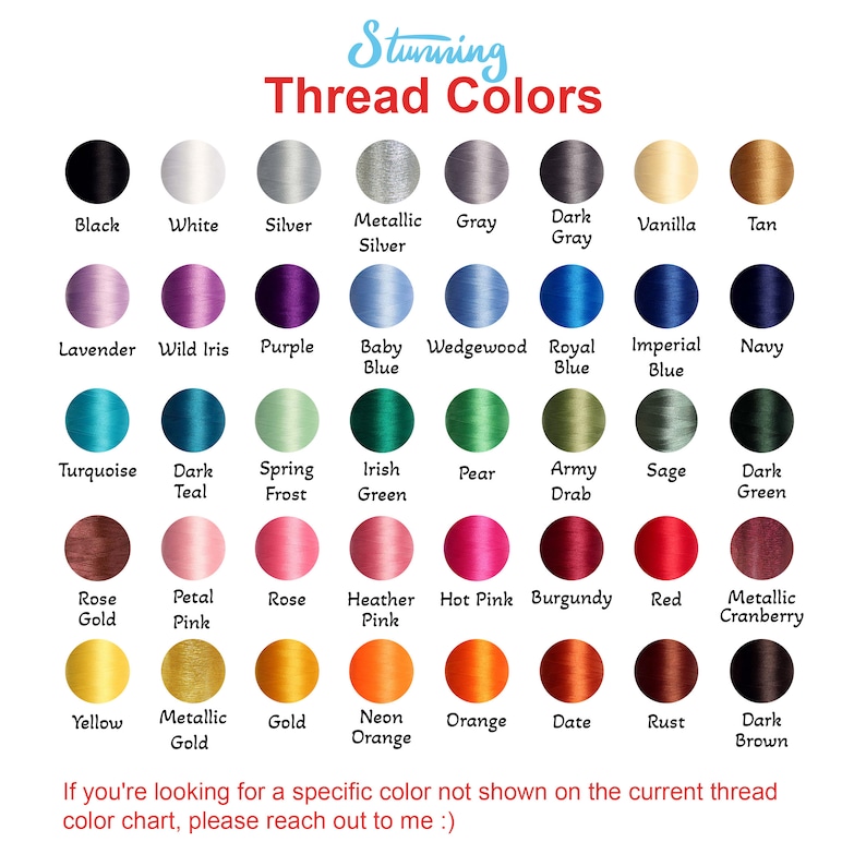 May include: A color chart showing a variety of thread colors, including black, white, silver, gray, vanilla, tan, lavender, wild iris, purple, baby blue, wedgewood, royal blue, imperial blue, navy, turquoise, dark teal, spring frost, irish green, pear, army drab, sage, dark green, rose gold, petal pink, rose, heather pink, hot pink, burgundy, red, metallic cranberry, yellow, metallic gold, gold, neon orange, orange, date, rust, and dark brown.