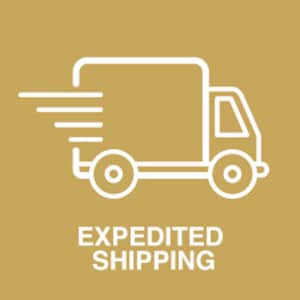 May include: White line drawing of a delivery truck with a white background. The truck is moving quickly, indicated by three white lines behind it. The text "EXPEDITED SHIPPING" is below the truck.