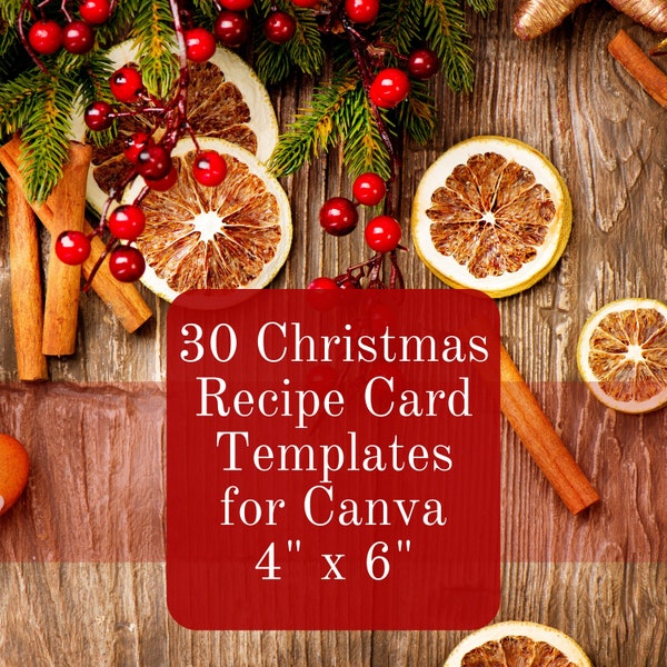 30 Christmas Recipe Card Templates for Canva, Printable Recipe Cards 4x6" Lined