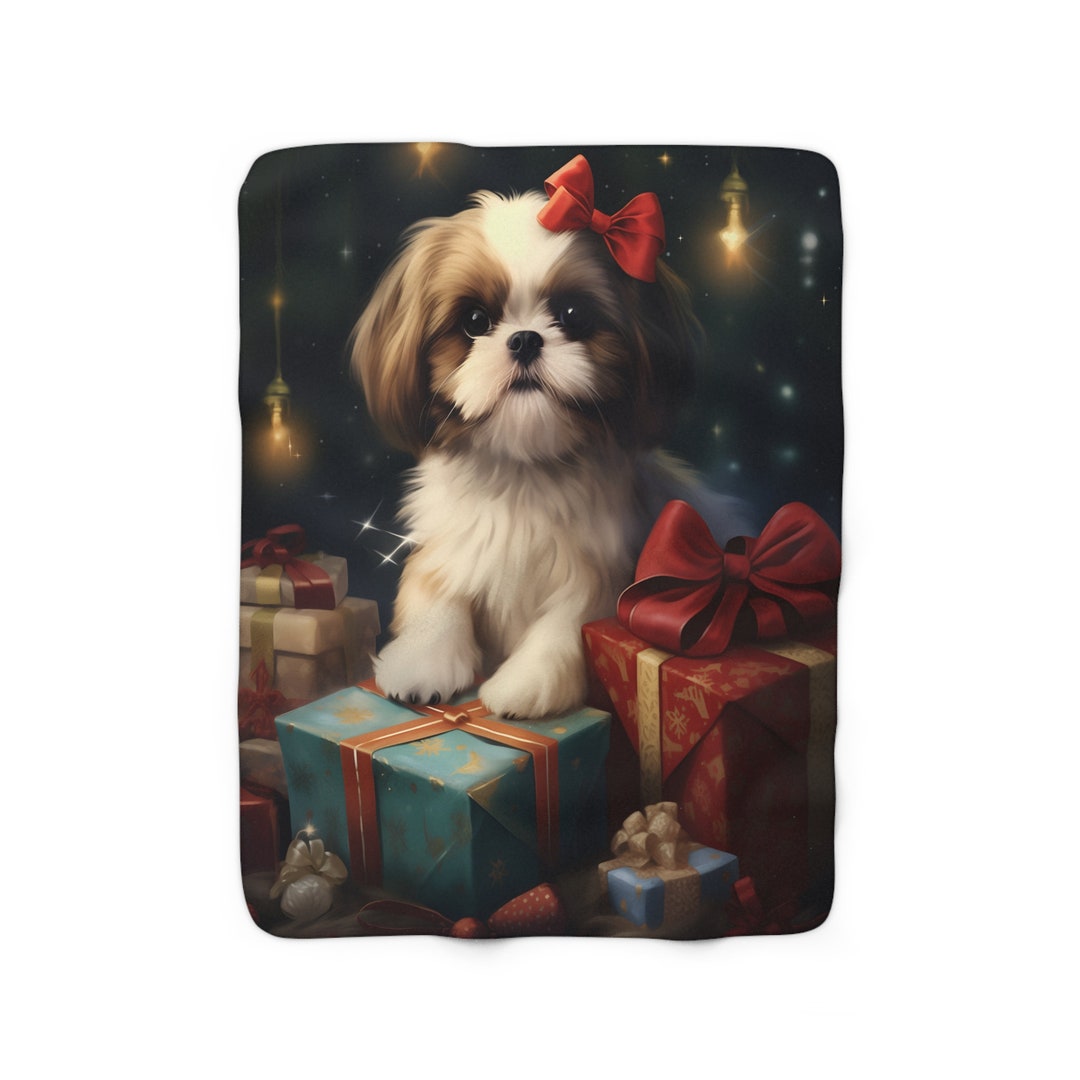 Festive Shih Tzu Sherpa Blanket for Xmas Cute Shihtzu Holiday Season Blanket Santa Shih Tzu