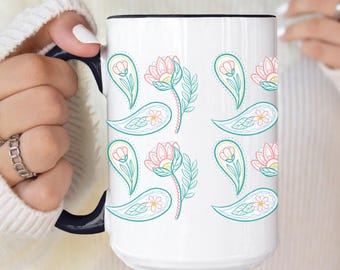 Taza de café bicolor con diseño de cachemira en tonos pastel de 15 oz, ideal como regalo para amantes del café, con asa para bebidas calientes, diseño de cachemira en azul para un amigo.