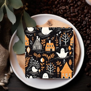 Spooky Halloween Print Pic on Hardboard Back Coaster Halloween Decor Trendy Coaster for Tabletop Decor Cute White Ghost Print on Coasters