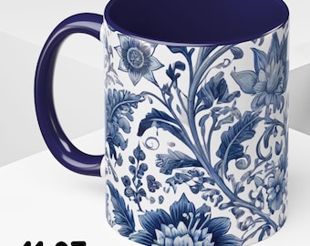 Blue and White Floral Mug Gift for Coffee Lover Vintage Floral Design Coffee Mug Chinoiserie Blue White Wrap for Coffee Mug Elegant Mug