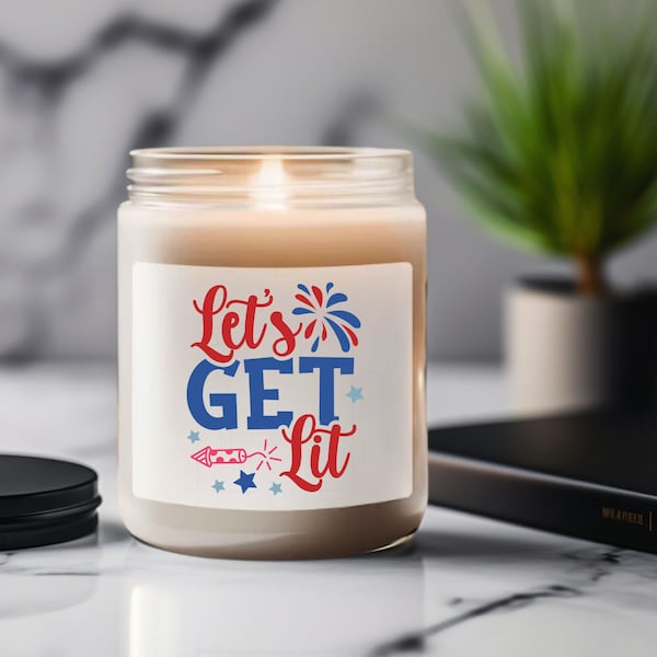 Lets Get Lit Print on a Scented Soy Candle 9oz for 4th of July Decor Cute Independence Day Scented Candle for Dining Room and Home Decor