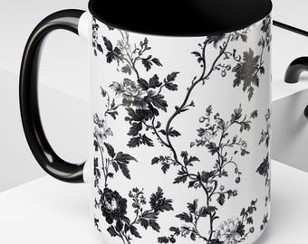Black and White Floral Mug Black Chinoiserie Coffee Mug for Coffee Lover Unique Gift for Her Asian Inspired Floral Mug Stylish Drinkware