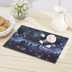 Ghost Graveyard Print on Tempered Glass Cutting Board Spooky Halloween Print on Glass Chopping Board Housewarming Gift Holiday Decor image 2