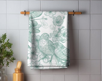 Beautiful Sage Green Bird Print Kitchen Towel Toile Print Design on Hand Cloth For Bathroom Light Green Whimsical Toile Gift for Wedding