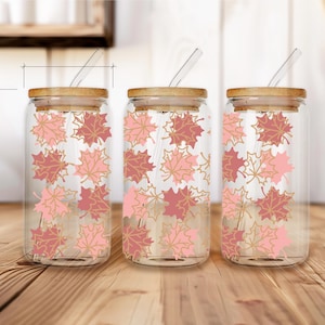 Boho Fall Leaf Print on Sipper Glass 16oz Printed Iced Coffee Glass Fall Design on Glass Libbey Cup Boho leaf glass for coffee enthusiast