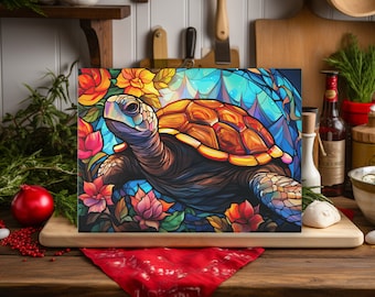 Levendige schildpad vlek glas print op gehard glas snijplank voor chef-kok schildpad print ontwerp op hakken voor kok uniek cadeau voor bruiloft