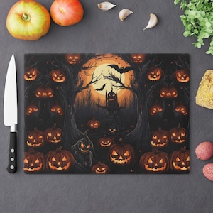 Spooky Glass Cutting Board Creepy Pumpkin and Bat Print on Glass Cutting Board for Chef Scary Halloween Chopping Board Spooky Kitchen Decor