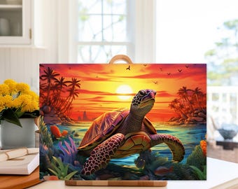 Glass cutting board with sea turtle design Tropical sea turtle kitchen accessory Sea Turtle Cutting Board for Beach House Gift for Wedding