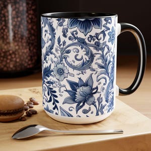Blue and White Chinoiserie Coffee Mug 15oz Coffee Lover Gift Vintage Floral Mug Blue and White Flower Wrap Mug Chinoiserie Large Ceramic Mug image 2