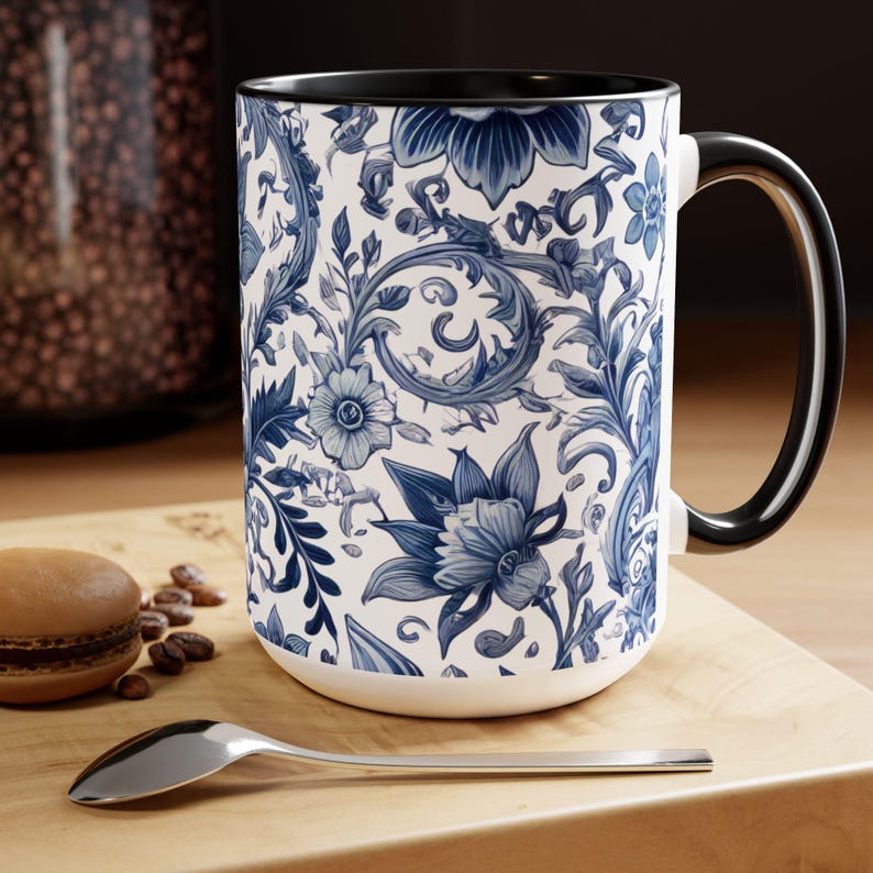Blue and White Chinoiserie Coffee Mug 15oz Coffee Lover Gift Vintage Floral Mug Blue and White Flower Wrap Mug Chinoiserie Large Ceramic Mug image 2
