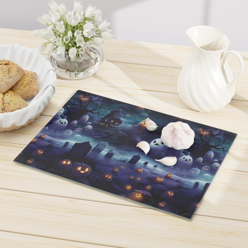 Ghost Graveyard Print on Tempered Glass Cutting Board Spooky Halloween Print on Glass Chopping Board Housewarming Gift Holiday Decor image 2