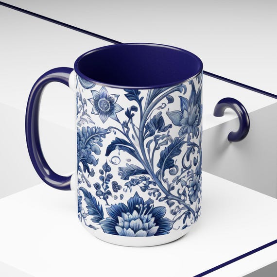 Blue and White Chinoiserie Coffee Mug 15oz Coffee Lover Gift Vintage Floral Mug Blue and White Flower Wrap Mug Chinoiserie Large Ceramic Mug
