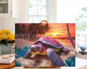 Sea Turtle Print on Glass Cutting Board for Cook Beach House Decor Unique Gift for Wedding Turtle Print Chopping Board Beach Life Decor