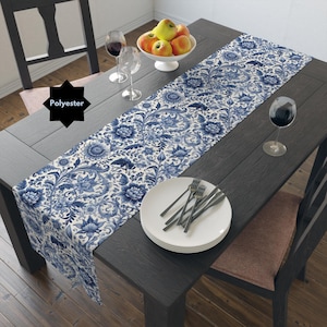 Chinoiserie Print Table Runner for Dining Room Decor Blue and White Floral Table Runner for Tabletop Decor Unique Gift for Wedding