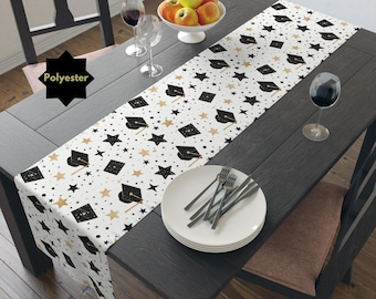 Graduation Print Table Runner for Party Graduate Party Decor Poly Printed Cap and Stars Runner for Party Home Decor Graduation Table Accent