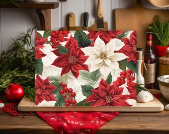 May include: A white background with a repeating pattern of red and white poinsettia flowers, green leaves, and red berries.