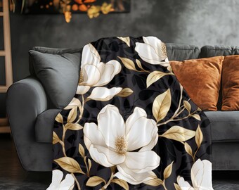Magnolia Flower Velveteen Plush Blanket Cozy Throw for Home Decor Gift for Weddings or Housewarming Gift Floral Soft Accent Throw for Couch