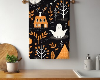Cute Spooky Ghost Print Kitchen Towel White Ghost Print on Hand Towel for Bathroom Halloween Print on Hand Towel Holiday Decor
