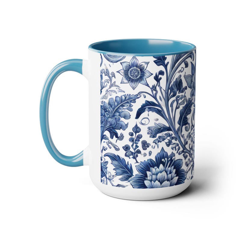 Blue and White Chinoiserie Coffee Mug 15oz Coffee Lover Gift Vintage Floral Mug Blue and White Flower Wrap Mug Chinoiserie Large Ceramic Mug image 7