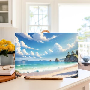 Watercolor Beach Scene Print on Glass Cutting Board for Kitchen Unique Gift for Wedding Beautiful Beach Scene on Glass Chopping Board