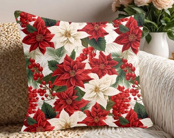 クッションカバー　冬　ポインセチア　赤　クリスマス　飾り　インテリア　おしゃれ クッションカバー 冬 ポインセチア 赤 クリスマス 飾り インテリア