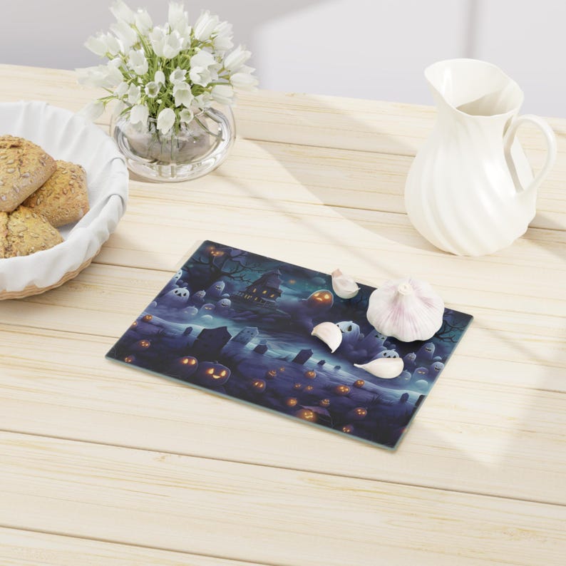 Ghost Graveyard Print on Tempered Glass Cutting Board Spooky Halloween Print on Glass Chopping Board Housewarming Gift Holiday Decor image 9