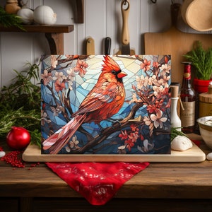 Tabla de cortar de vidrio templado con impresión de vitrales de color cardenal vibrante para chef, regalo de inauguración de la casa moderno, tabla de cortar para entusiastas de las aves