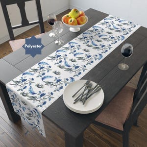 Chinoiserie Blue Floral Bird Spring Print Table Runner for Dining Room Decor Unique Gift for Bird Lover Blue and White Poly Table Runner