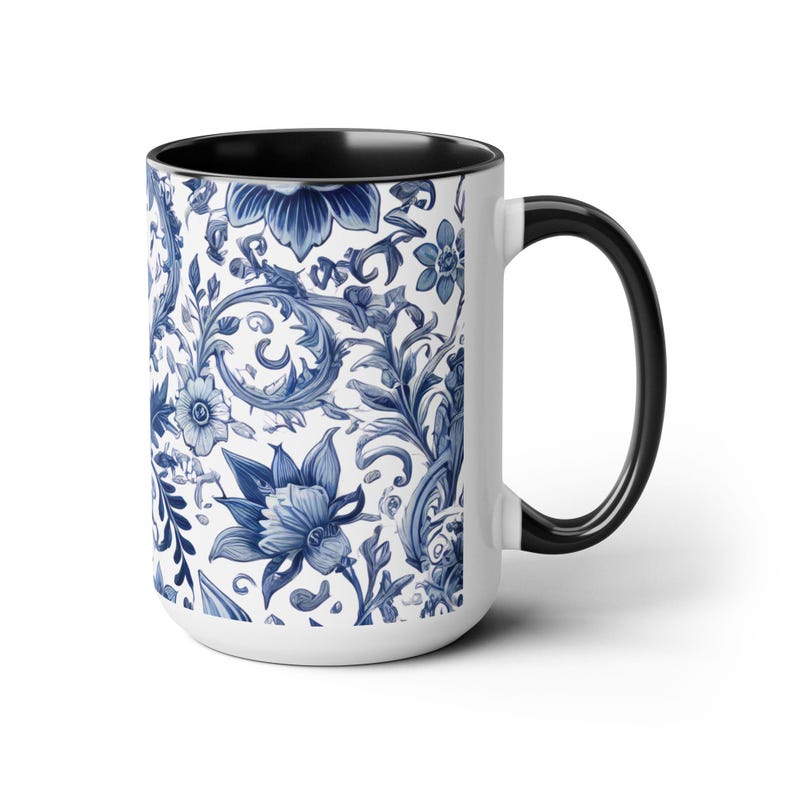 Blue and White Chinoiserie Coffee Mug 15oz Coffee Lover Gift Vintage Floral Mug Blue and White Flower Wrap Mug Chinoiserie Large Ceramic Mug image 6