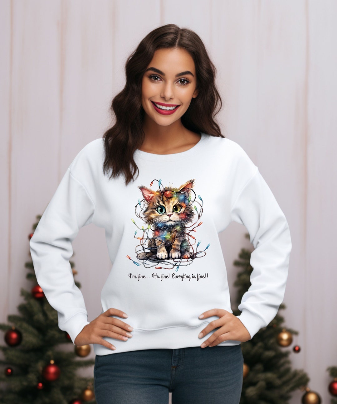 Cute Christmas Cat Sweatshirt Cat Tangled in Christmas Lights Funny