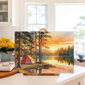 Camping Lover Glass Cutting Board Camping by the Lake at Sunset Glass Cutting Board Cooking Accessory Gift for Wedding Nature Lover Gift