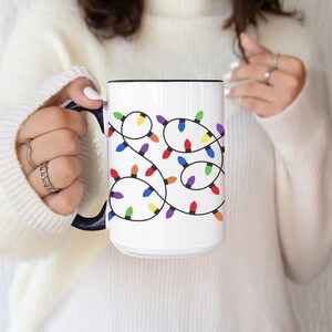 Christmas Lights Print on Two-Tone Coffee Mug 15oz Large Ceramic Mug for Unique Gift for Christmas Mug for Coffee Lover Holiday Drinkware