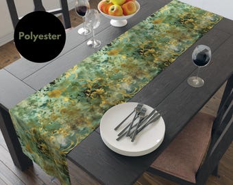 Vibrant Sage Green and Gold Print on Table Runner for Dining Room Decor Green and Gold Swirl Print Design on Table Runner for Kitchen Decor