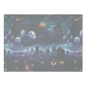 Ghost Graveyard Print on Tempered Glass Cutting Board Spooky Halloween Print on Glass Chopping Board Housewarming Gift Holiday Decor image 6
