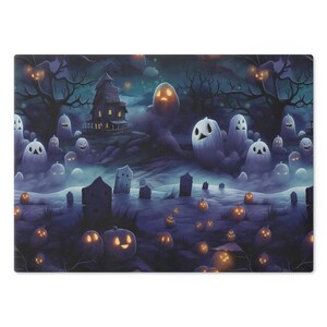 Ghost Graveyard Print on Tempered Glass Cutting Board Spooky Halloween Print on Glass Chopping Board Housewarming Gift Holiday Decor image 4