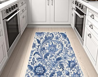 Chinoiserie Print on Area Rugs for Home Decor Blue and White Floral Area Rug Unique Gift for Wedding Housewarming Gift Entryway Rug